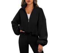 Timuspo Sieviešu flīsa jaka bez kapuci Drawstring Hem Stand-Up apkakle Sherpa jaka ar kabatām Pilns Zip garām piedurknēm Ziemas jaka īss gadījuma silts treniņtērps Plain Crop Coat