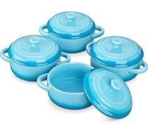 LOVECASA Mazs keramikas trauks, 4 x 380 ml mini kastrolis ar vāku, suflie veidnes, drošas krāsnī, zupas trauciņi ar rokturi suflē, smalkmaizītēm, piemērotas mikroviļņu krāsnij un trauku mazgājamā mašīnā - zils