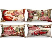 Lanpn Pack of 4 Vintage Ziemassvētku spilvenu pārvalki, 30 x 50 cm, retro lauku Ziemassvētku vecīša dekoratīvais Ziemassvētku spilvens Ziemassvētku dekorēšanai, Ziemassvētku gultas veļa, dīvāna rotājumi