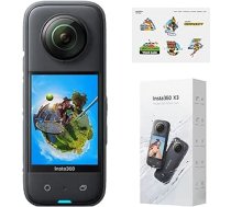 Insta360 X3 ūdensizturīga 360° darbības kamera ar 48MP 1/2" sensoriem, 5,7K 360° aktīvie HDR video, 72MP 360° fotoattēli, 4K viens objektīvs, stabilizācija, 2,29" skārienekrāns, ar oficiālo uzlīmju komplektu