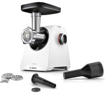 Bosch 4. sērijas gaļas maļamais mehānisms MFWS420W, kompakts, 2 soļi, 2 perforēti diski (3 un 8 mm), desu spraudnis, planetārā pārnesumkārba, 1900 W, balts/melns