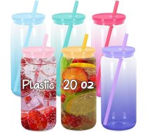 Akrila plastmasas kannu krūzes 20oz 6 Pack Gradient krāsains plastmasas krūzes Alus kannas Plastmasas Mason burkas ar krāsainu vāku
