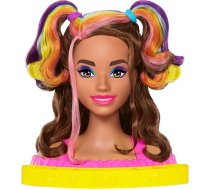 Lelle Barbie HMD80 Lelle Deluxe matu veidošanas galva, pilnīgi mati, viļņaini brūni neona varavīksnes mati, lelles galva matu veidošanai, krāsu atklāšanas piederumi, vecums 3+ gadi