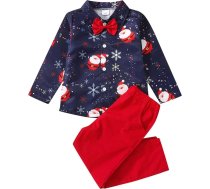 Apģērbi Boy 3 gadu Ziemassvētku toddler Kids bērnu bērnu bērnu zēni gudrs karikatūra drukāt garām piedurknēm Bowknot džentlmenis kreklu topi cietas bikses bikses bikses Ziemassvētku apģērbs komplekts kristības uzvalks 92, zils