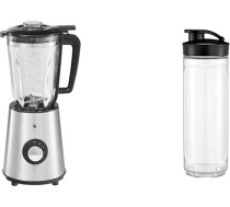 WMF Kult X Stand Mixer stikla trauks 1,5 l, ledus drupināšanas, 20 000 apgriezienu minūtē, Mixer Smoothie Maker stikls, blenderis, elektriskais piena šeikeris un Kult X Mix & Go/Küchenminis dzeramā pudele 600 ml, melna/caurspīdīga