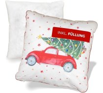 NOAH VERDE Dekoratīvs spilvens Ziemassvētku VW Beetle, spilvens 45 x 45 cm, ziemas dekoratīvais spilvens, guļamistabas dekori, dekoratīvais spilvens ar pildījumu un pārvalku, ziemas spilvens, lauku mājas stils