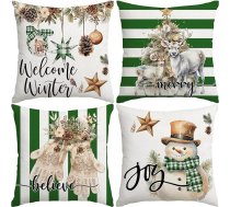 Miaikoe Ziemassvētku spilvenu pārvalki 40x40cm 4 sniega cilvēka cimdu komplekts Welcome Winter Green White Stripes Ziemassvētku dekori Ziemas lauku mājas dekori mājai