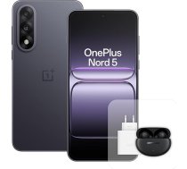 OnePlus Nord 5 viedtālrunis, 12 GB RAM, 512 GB atmiņa, 6,83 collu, 144 Hz AMOLED, Snapdragon 8s Gen 3, 5200 mAh akumulators, ar 80 W lādētāju un Nord Buds 3 Pro, pelēks