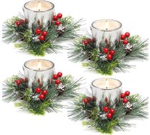 KAHEIGN 4 Ziemassvētku sveču gredzenu komplekts, 20 cm mākslīgo sarkano ogu Ziemassvētku sveču gredzeni, sniegotas priežu adatas, sveču gredzens lauku kāzu Ziemassvētku galda dekorēšanai
