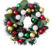 Ziemassvētku durvju vainags, svētku mājas rotājums ar sarkaniem, zelta, zaļiem un baltiem Ziemassvētku rotājumiem un ogām, PVC uzglabāšanas kaste, 32 cm diametrs