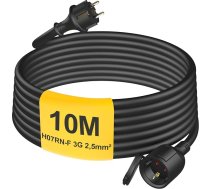 HUARUI Āra pagarinātājs 10 m ar aizsargvāciņu H07RN-F 3G 2,5 mm², gumijas strāvas kabeļa pagarinātājs ar Schuko kontaktdakšu izmantošanai ārpus telpām IP44, elektrības kabelis ārā, 3500 W, 16 A 250 V, melns