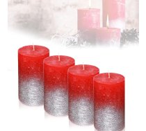 Candelo 4 sveču komplekts Ambiente Rustic Pillar Candlo - Sarkans metālisks sudraba krāsā - Liela svece 12 cm - degšanas laiks aptuveni 54 stundas Ziemassvētku sveces Adventes vainags