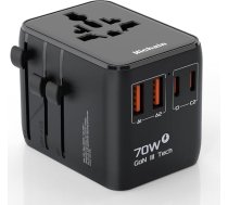 Hichain Worldwide Travel Adapter, 70 W starptautiskais kontaktligzdas adapteris, ceļojuma kontaktdakša ar 2 USB-A un 2 USB-C ātrās uzlādes ligzdām, universāls adapteris Eiropai, ASV, Lielbritānijai, Japānai, ceļojuma adapteris, melns