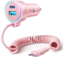 Cigarešu aizdedzinātāja USB C adapteris, 72 W [Dual Chip], 3 porti PD3.0 & QC3.0 ātrgaitas auto lādētājs ar 1,5 m ātru spirālveida C tipa kabeli, auto lādētājs iPhone 16/15, Samsung S24 utt.