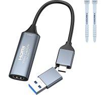 YIMATEECO USB 3.0 HDMI uz USB C audio video ierakstīšanas karte, 4K 1080P HDMI ierakstīšanas karte ar C tipa adaptera ierīcēm, spēļu tiešraidei, video ierakstīšanai, saderīga ar Windows MacOs (pelēka)