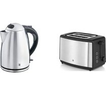 WMF Stelio tējkanna no nerūsējošā tērauda, 1,7 l, elektriskā tējkanna ar kaļķakmens filtru, 2400 W & Bueno Edition tosteris no nerūsējošā tērauda, divplūsmu tosteris ar bulciņu stiprinājumu, 2 šķēles, 7 apceptas maizes līmeņi