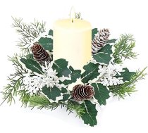 Ziemassvētku sveces gredzens Ziemassvētku vainags sveču turētājs Mākslīgie priežu čiekuri Eikalipta lapas Mini vainags Ziemassvētku tējas gaismas turētājs Ziemassvētku galda kāzu rotājumiem (B)