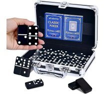 Domino komplekts pieaugušajiem, domino, klasiskās galda spēles, Ziemassvētku spēles, dubultā sešu domino komplekts, 28 klucīši ar melnu ādas vāciņu, Juegos de Mesa (melns alumīnija vāciņš)