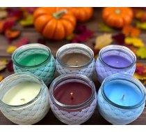 6 aromātisko sveču komplekts - rudens un ziemas aromāti: Balzama egle, kanēlis, kokosrieksts, ābolu kanēlis, lavanda un svaiga veļa - katras sveces degšanas laiks aptuveni 20 stundas.