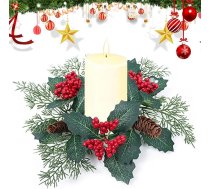Ziemassvētku sveces gredzens Ziemassvētku vainags sveču turētājs Mākslīgie priežu čiekuri Eikalipta lapas Mini vainags Ziemassvētku tējas gaismas turētājs Ziemassvētku galda kāzu rotājumiem (A)