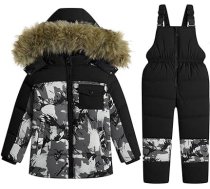 Bērnu dūnu jaka Snowsuit ar mākslīgās kažokādas kapuci Apģērbu komplekts Meitenes Zēni Padziļināta ziemas jaka + Slēpošanas bikses Dūnu bikses Bērnu slēpošanas kostīms melns ar kamuflāžu 4-5 gadi