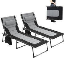 Clevich XXL saliekamais klāja krēsls, 2 komplekti, 199 x 66 cm, lielizmēra sauļošanās krēsls ar 5 virzienos regulējamu atzveltni, dārza atpūtas krēsls ar spilvenu un sānu kabatu, kempinga atpūtas krēsls līdz 150 kg pludmalei, baseinam