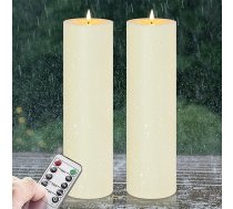 Zevanor 10 cm x 35 cm nedegošas ūdensizturīgas LED sveces ar tālvadības pulti, taimera funkcija, ar akumulatoru darbināmas, mirgojošas lielas plastmasas ziloņkaula krāsas āra sveces (izturīgas 420 stundas, 2 gab.)