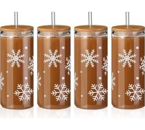 Zubebe 4 Pack Ziemassvētku stikla krūzes 20oz stikla burkas ar vāciņiem salmiņi alus kannas Brīvdienu tēma Ziemassvētki Ziemas krūze Ziemassvētku dāvana ledus kafijas glāzēm (Sniegpārsliņa, balta)