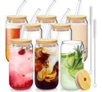 8 tumbleru komplekts ar bambusa vāku un stikla salmiņu - 16 oz skārdenes formas stikla krūzes, alus glāzes, ledus kafijas glāzes, simpātiski tumbleri, ideāli piemēroti sodas, boba, kokteiļu pagatavošanai, komplektā 2 tīrīšanas birstes.