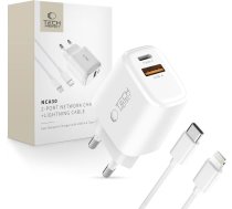 Tech-Protect NCA30 USB-A USB-C PD QC 30 W tīkla lādētājs ar USB-C - iPhone Lightning 1 m kabeli - balts