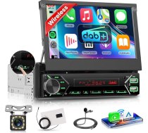 DAB/DAB+ auto radio Carplay Android bezvadu sistēma ar 7 collu elektriski izbīdāmu ekrānu, 1-DIN radio FM ar Bluetooth, Mirror Link 2 USB/Type-C/SD ar atpakaļgaitas kameru, stūres vadības stūres ratu