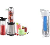 Russell Hobbs 23470-56 Mix&Go tērauda blenderis/statīvais mikseris, kokteiļu pagatavošanas ierīce (300 W), nerūsējošais tērauds, ieskaitot 3 dzērienu pudeles + Coolstick, 600 ml