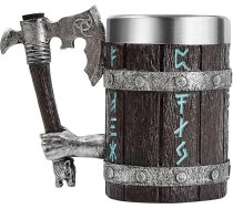OTARTUDE Vikingu krūze ar kaujas rokturi, vikingu alus kauss, vikingu kauss, ozolkoka mucas alus kauss, vikingu krūzes cirvja rokturis, vikingu teksts, 304 nerūsējošā tērauda ieliktnis, vikingu dāvana, alus krūze, 550 ml