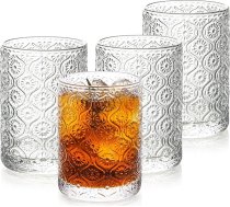 Vintage dzeramās glāzes ar reljefu stilu 4 stikla krūzes 9oz kokteiļu glāzes ledus kafijas glāze Elegants Art Deco ribots stikla trauks ideāli piemērots viskijam, džinam, sodai, sulai