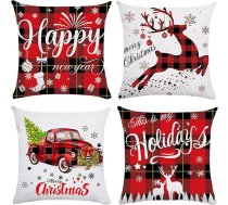 Ziemassvētku spilvenu pārvalki komplekts 4, Ziemassvētku rotājumi iekštelpās Happy Holidays Ziemassvētku spilvenu pārvalki Spilvenu pārvalki Spilvenu pārvalki Red Tartan Soft Plush Winter Xmas Design Cushion Covers 45x45cm dīvāna dekoram