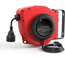 Automātiskais kabeļu rullis 15 m + 1,5 m āra kabeļu rullis, kas piemērots līdz 1500 W (maksimālā slodze: 3200 W) ar 180° pagriežamu sienas stiprinājumu, atiestatīšanas pogu un regulējamu apstādinājumu