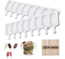 Ice Lolly Moulds Silikona saldējuma saldējuma kūka Pop Maker Pack of 2 8 dobumu Ice Lolly Moulds Silikona veidne ar 20 ledus nūjiņām Koka ledus nūjiņas radošai DIY Ice Cream Stick Saldēts ledus Lolly Ice Mould