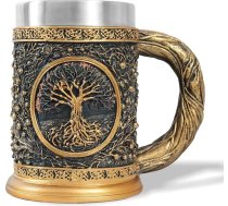 AtSKnSK Vikingu alus krūze, nerūsējošā tērauda krūze, alus krūze ar vienu rokturi, Ziemeļvalstu mitoloģija, Tora āmurs, dzīvības koks, kafijas alus krūzes, Valhalla, vikingu dāvanas vīriešiem, sievietēm (Dzīvības koks)