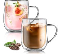 Joeyan 450 ml divstūra kafijas glāzes ar rokturi, caurspīdīgas termiskās glāzes ar peldoša efekta efektu, divstūra tējas krūzes ar rokturi, 2 Latte Macchiato glāžu komplekts, liels borosilikāta stikls