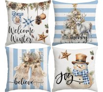 Miaikoe Ziemassvētku spilvenu pārvalki 50x50cm 4 sniega cilvēka cimdu komplekts Welcome Winter Blue White Stripes Ziemassvētku dekori Ziemas lauku mājas dekori mājai