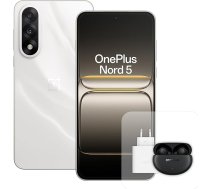 OnePlus Nord 5 viedtālrunis, 8 GB RAM, 256 GB atmiņa, 6,83 collu, 144 Hz AMOLED, Snapdragon 8s 3 paaudzes, 5200 mAh akumulators, ar 80 W lādētāju un Nord Buds 3 Pro, balts