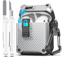 R-fun saderīgs ar AirPods 2. paaudzes 2019. gada korpusa vāciņu, 1. paaudzes 2016. gada korpusa vāciņš, automātiski atverams vāciņa dizains Apple Airpods korpusam ar tīrīšanas piederumu un atslēgu piekariņu, oglekļa šķiedras sudraba krās