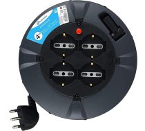 Electraline 49019 Pagarinātājs uz bungas, 3G 1 mm, 4 metru garumā, 4 metru garumā, savienots ar divviru kontaktligzdas spraudni, 16 ampēru, melns