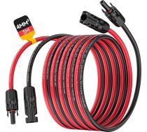 SORLPV saules kabelis 4 mm², PV pagarinātājs 3 m ar ligzdām un saules kontaktdakšu, 12 AWG saules kabeļa pagarinātājs, IP68 ūdensizturīgs fotoelementu kabeļa kontaktdakša saules sistēmām (sarkans/melns)