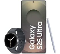 Samsung Galaxy S25 Ultra AI viedtālrunis ar Galaxy AI, 12 GB RAM, 256 GB atmiņa, titāna balti sudraba krāsā, Galaxy Watch8 viedpulkstenis
