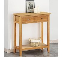 Hallowood Furniture Aston Plašs konsoles galds no koka ar 2 atvilktnēm gaišā ozolkoka krāsā, sānu galds no masīvkoka ar plauktu dzīvojamai istabai un priekšnamam, telefona statīvs ar 2 atvilktnēm, lampu galds
