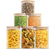 6 stikla trauku komplekts, hermētiski pārtikas uzglabāšanas trauki ar bambusa vāciņiem, 2 izmēri, 3 x 750 ml, 3 x 1200 ml, 6 gab., 6 trauku komplekts labības, makaronu, tējas, kafijas, cukura uzglabāšanai, 6 gab.
