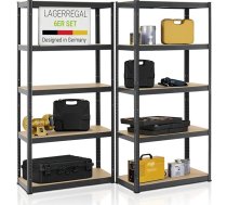 Juskys 6 plauktu komplekts, 6 x 180 x 90 x 40 cm (H x W x D), 5250 kg, 30 plaukti, lieljaudas plauktu iekārta, metāla plauktu sistēma pagrabā, pelēka krāsa