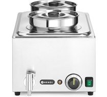 HENDI Bain-marie komplekts ar 2x 4L Bain-marie katlu, iztukšošanas krānu, temperatūras diapazons līdz 85°C, piemērots 1x GN1/1 tvertnei ar maksimālo izmēru 150 mm, pārtikas sildītājs, GN1/1, 230V/1000W, 605x332x(H) 315mm, nerūsējošais