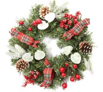 45cm Ziemassvētku vainags ar apgaismojumu 15 LED Mākslīgais vainags priekšdurvīm Priežu skuju vainags ar Ziemassvētku rotājumiem, priežu čiekuriem, ogām - mežs